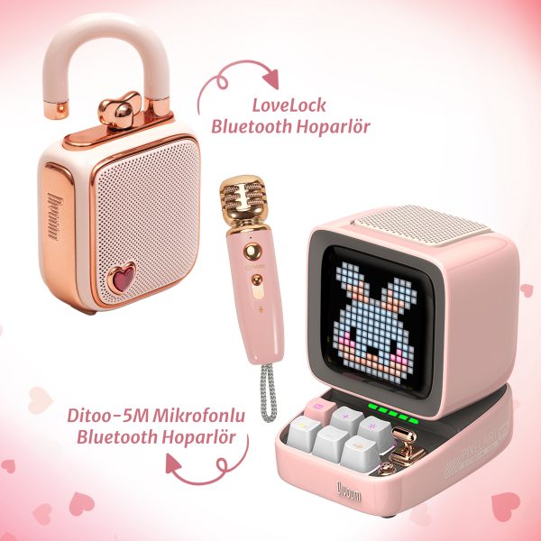 Divoom Ditoo-5M Karaoke Mikrofonlu Bluetooth Hoparlör ve Ses Kayıt Özellikli LoveLock Hediye Seti, Pembe