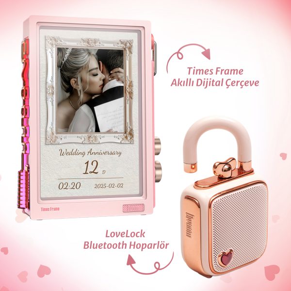 Divoom LoveLock Ses Kayıt Özellikli Bluetooth Hoparlör ve Times Frame Akıllı Dijital Çerçeve Hediye Seti, Pembe