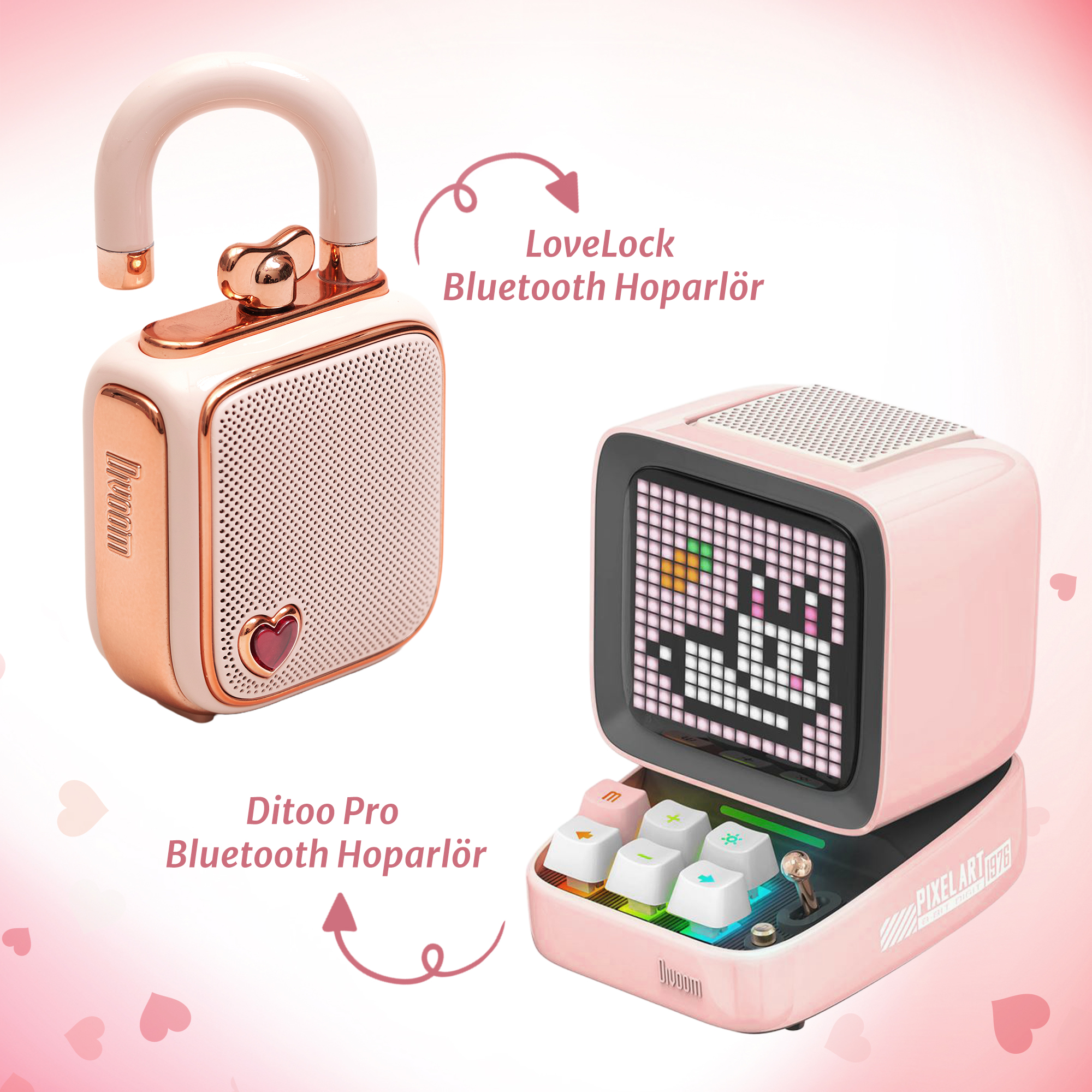 Divoom Ditoo Pro Bluetooth Hoparlör ve Ses Kayıt Özellikli LoveLock Hediye Seti, Pembe